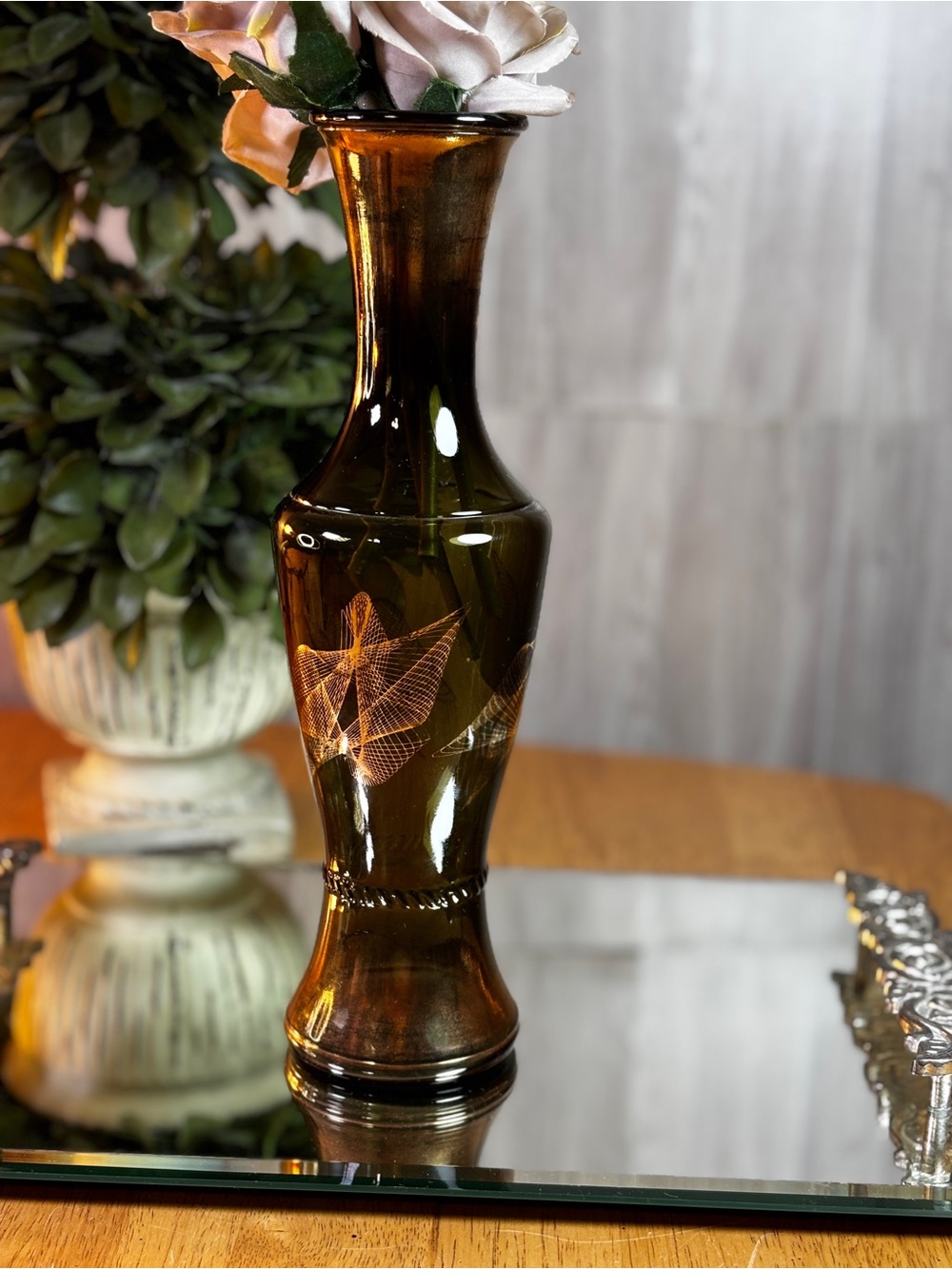 Vintage Amber Glass Bud Vase with Etched Geometric String Art Design